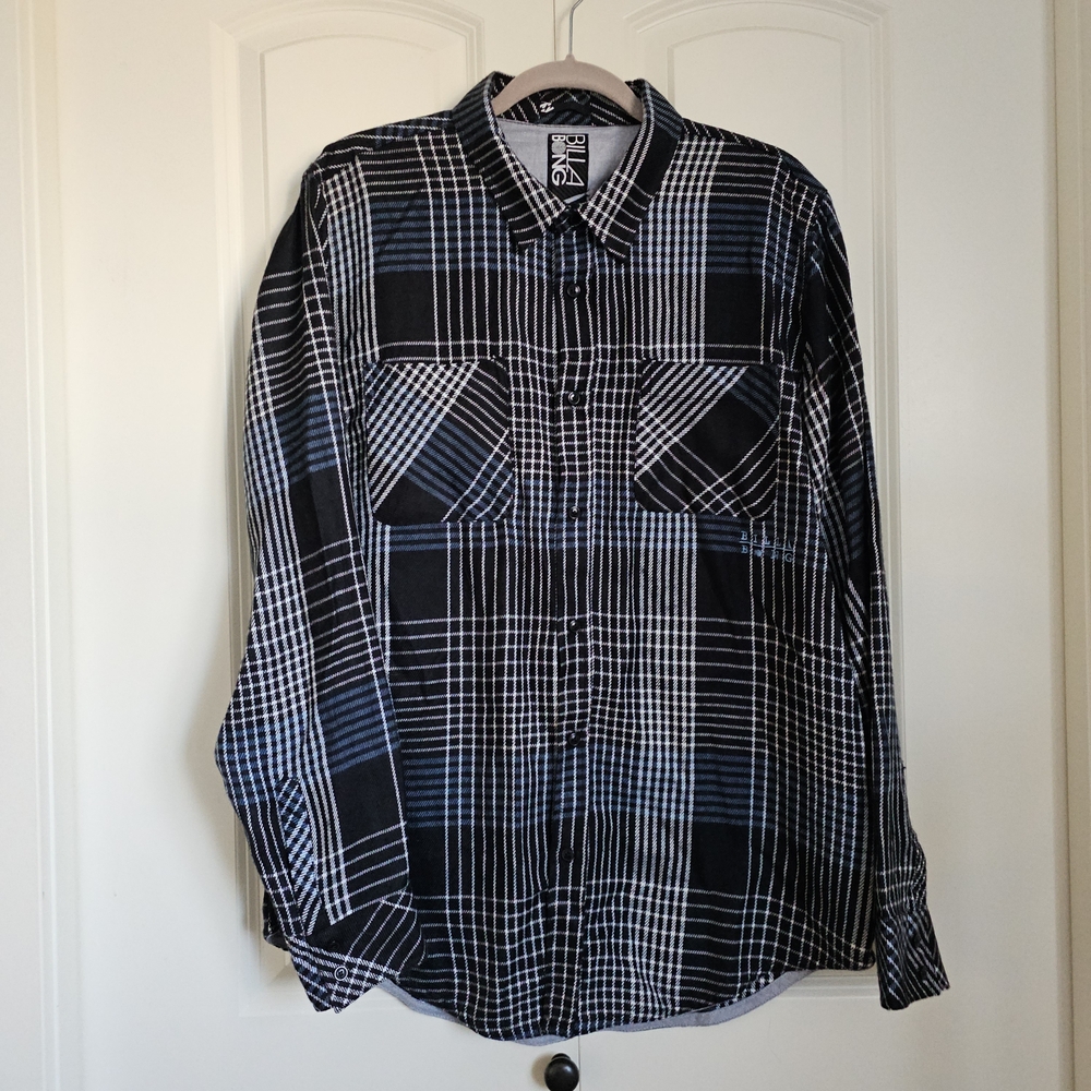 Billabong Plaid Button Up Shirt Men's Blue Black White Checkered Sz XL
